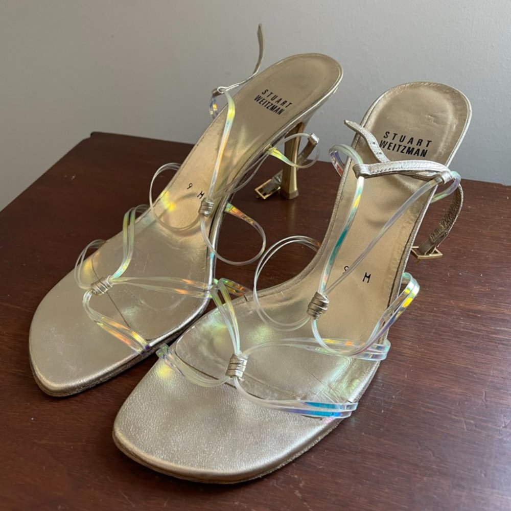 Stuart Weitzman Holographic Gold Strappy Sandals, Size 9